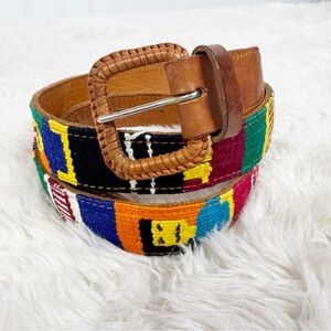 VINTAGE Leather Woven Rainbow Textile Belt Size 42 Large XL Artsy Boho Womens